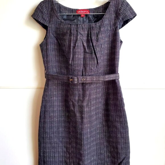 MERONA SHEATH DRESS SIZE 6 PLAID TWEED SIDE ZIPPER SHORT BELT FULLY LINED - Picture 5 of 9